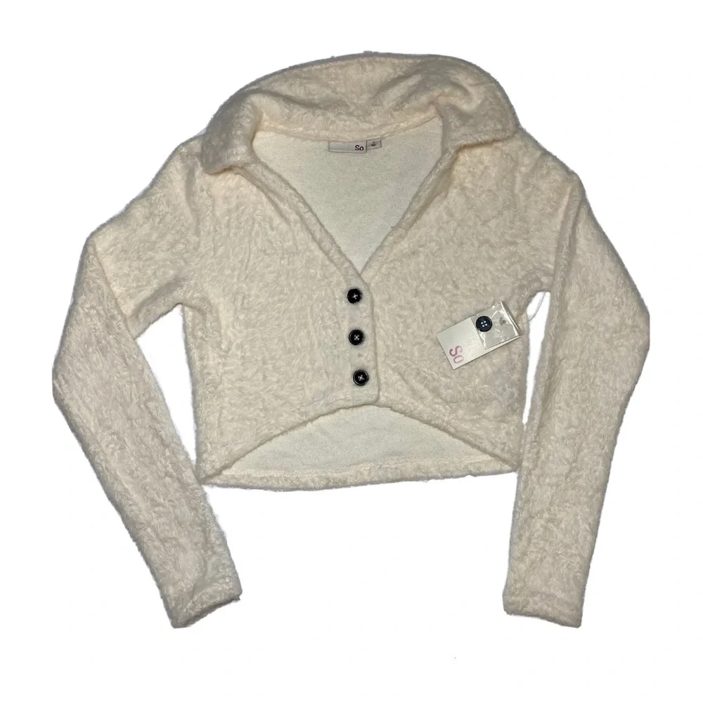 NWT So Women’s Button Front Cropped Cardigan Size Small Ivory - Picture 1 of 8